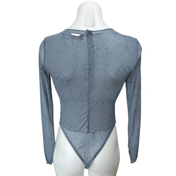 Maniere De Voir Women's Blue Face Sheer Mesh Long Sleeve Bodysuit Top Size 10 - Picture 3 of 6